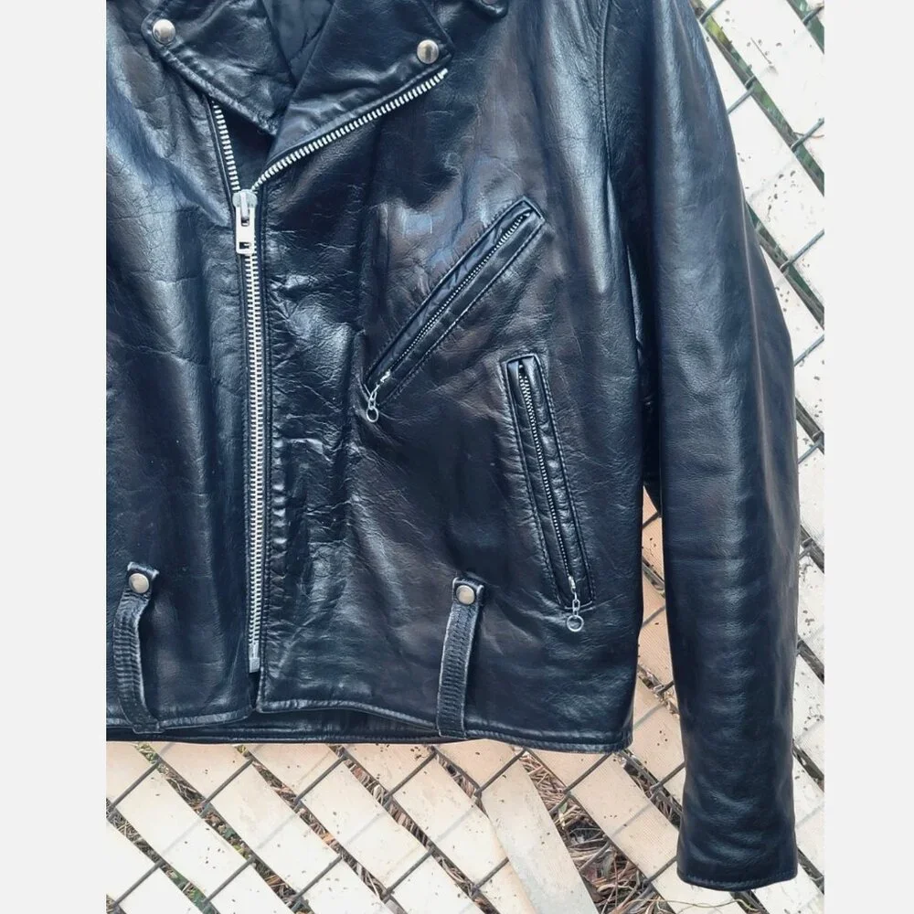 Vintage 1970s Harley Davidson Leather Motorcycle Jacket Men 44 Wool Lining Black - Picture 4 of 16